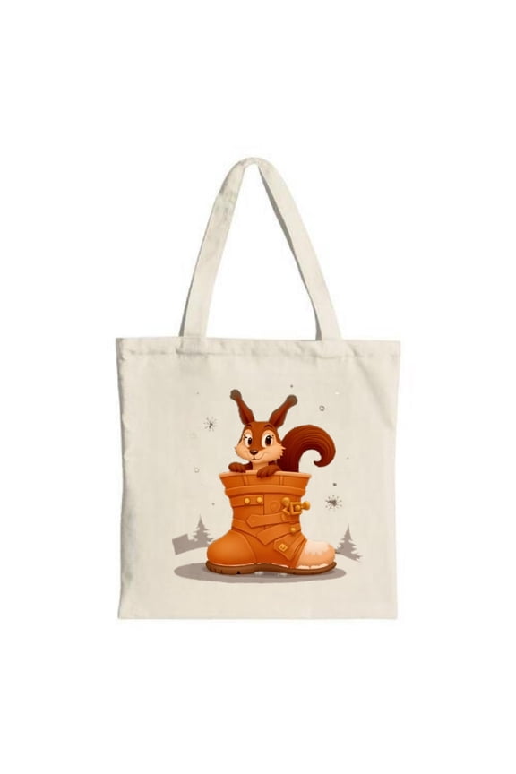 Cheerful Squirrel in Orange Boot Tote Bag - Winter Scene Canvas Bag Perfect for Shopping Travel & Parties Reusable & Stylish