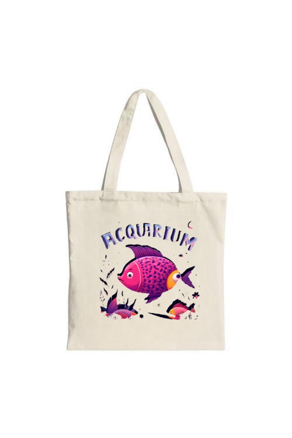 Colorful Fish Design Tote Bag - Vibrant Canvas Bag with ' ACQUARIUM ' Text Perfect for Shopping Travel and Parties