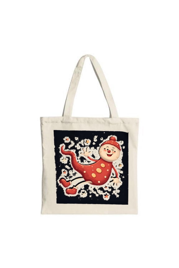 Vibrant Cartoon Character Tote Bag - Red with Yellow Dots Cheerful Design on Dark Background Perfect for Shopping & Travel