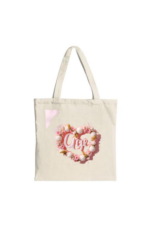 Heart-Shaped Love Tote Bag with Pink Flowers & Golden Accents - Stylish Canvas Bag for Shopping Travel & Parties