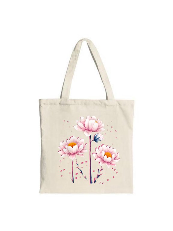 Floral Tote Bag - Vibrant Pink Flowers with Yellow Centers & Green Stems Perfect for Shopping Travel & Parties Eco-Friendly Canvas