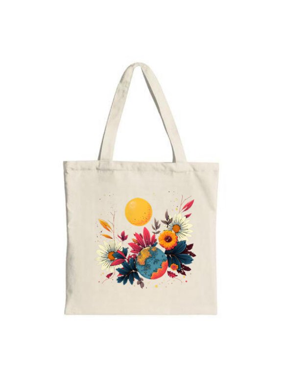 Colorful Floral Canvas Tote Bag with Yellow Sun Perfect for Shopping Travel and Parties - Stylish & Reusable