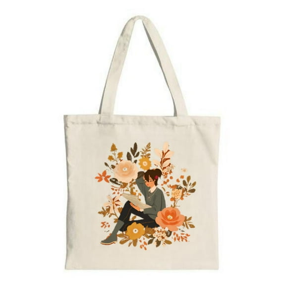 Floral Pattern Tote Bag: Person with Guitar Amidst Vibrant Orange Brown & Yellow Flowers - Perfect for Shopping Travel & Parties