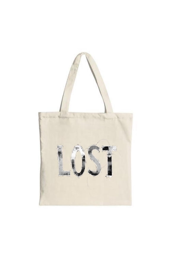 Stylish Cream Tote Bag with Distressed ' LOST ' in Metallic Silver - Durable Canvas Perfect for Shopping Travel & Parties