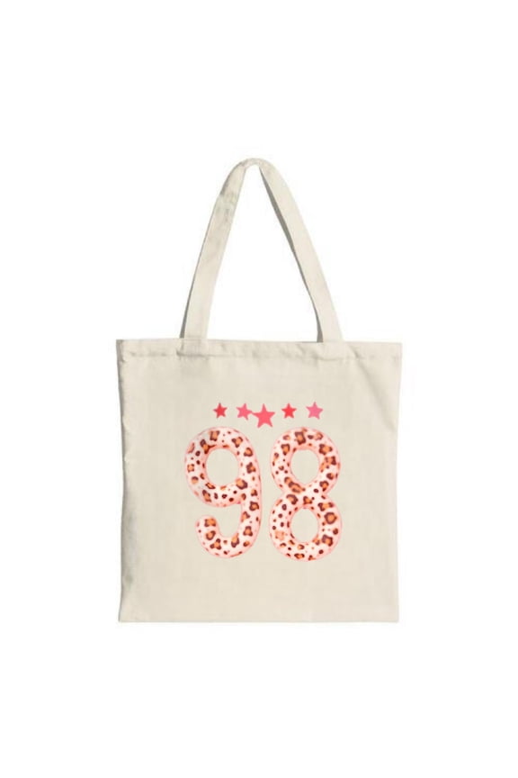 Stylish Beige Canvas Tote Bag with Bold Print ' 98 ' and Five Pink Stars - Perfect for Shopping Travel and Parties