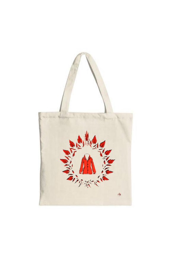 Stylish Cream Tote Bag with Artistic Red Jacket & Leaf Pattern - Perfect for Shopping Travel & Parties - Reusable Canvas Design