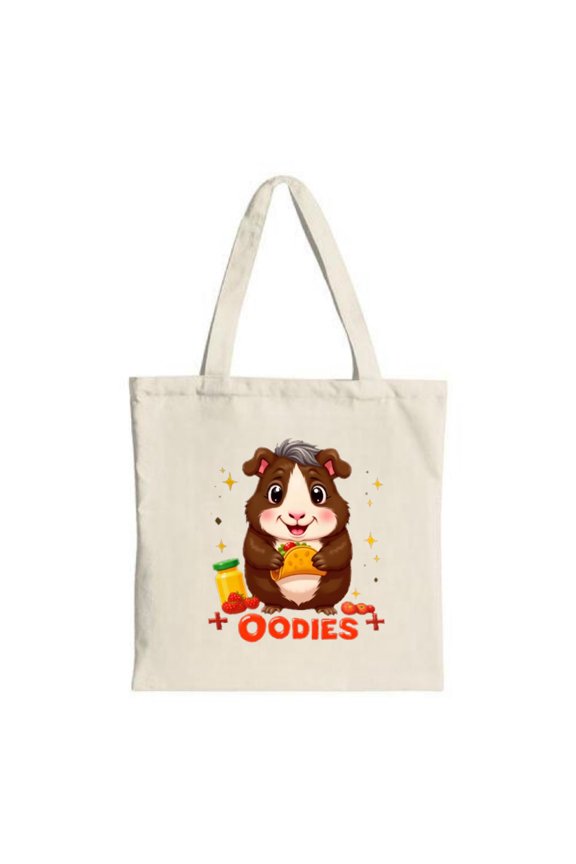 Cute Cartoon Guinea Pig Tote Bag - Gray Hair Yellow Object Red Berries & Stars Bold ' OODIES ' Text Perfect for Shopping & Travel