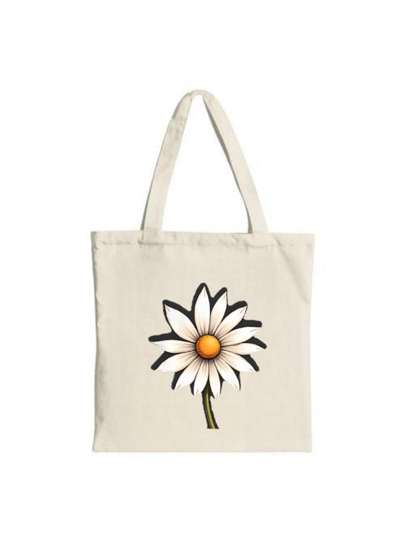 Stylish Canvas Tote Bag with a Charming Single Daisy Design - White Petals Yellow Center Green Stem - Perfect for Shopping and Travel