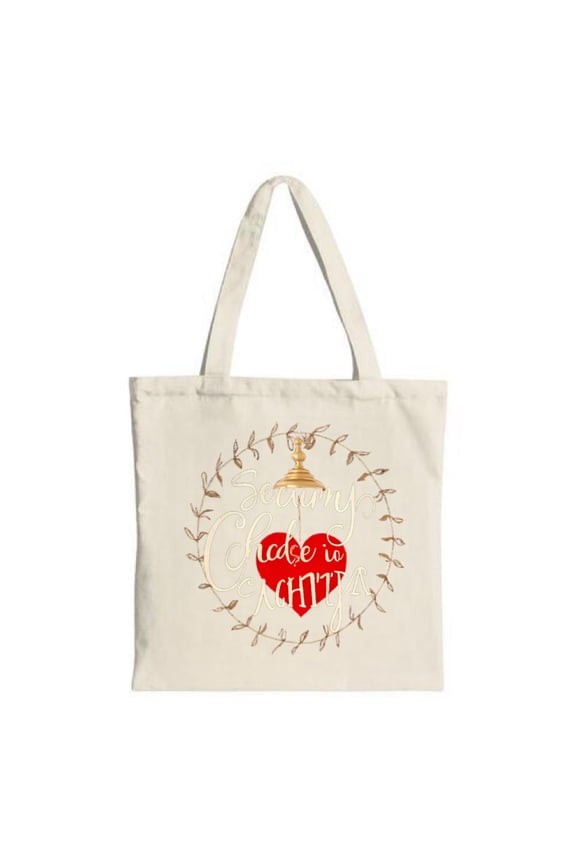 Elegant Cream Tote Bag with Golden Chandelier & Red Heart Design Surrounded by Brown Leaves - Perfect for Shopping Travel & Parties