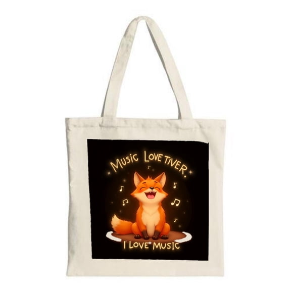 Playful Cartoon Fox Tote Bag - White Background Smiling Fox with Musical Notes " MUSIC LOVERVER " & " I LOVE MUSIC " Text Perfect for Shopping