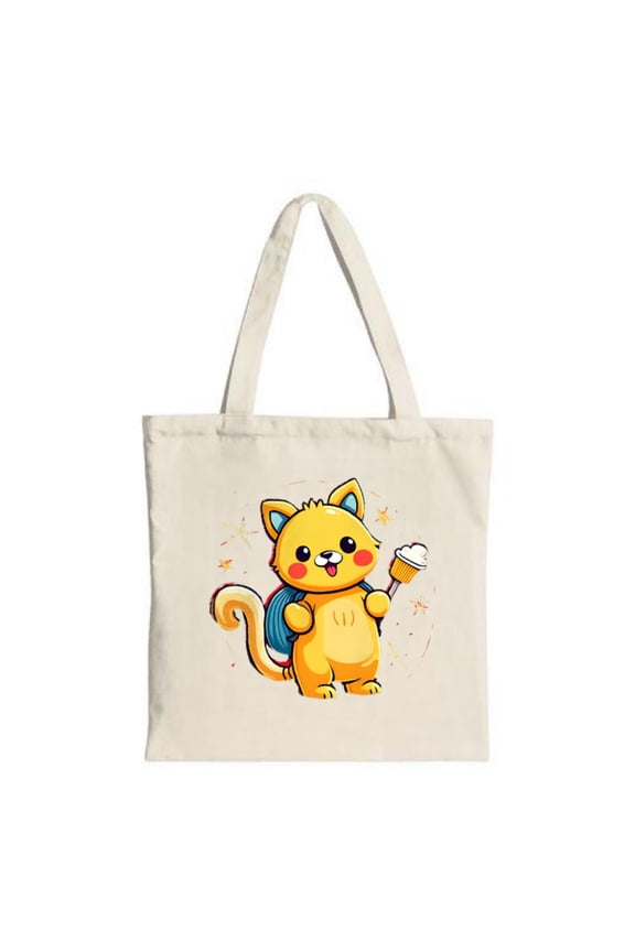 Cheerful Yellow Cat Tote Bag - Cute Cartoon Design with Cupcake Blue Eyes & Sparkles - Perfect for Shopping Travel & Parties