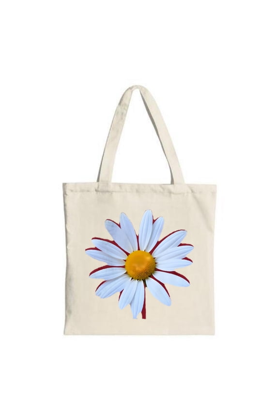 Vibrant Daisy Canvas Tote Bag - White Petals Yellow Center Red Veins - Perfect for Shopping Travel & Parties - Reusable & Stylish