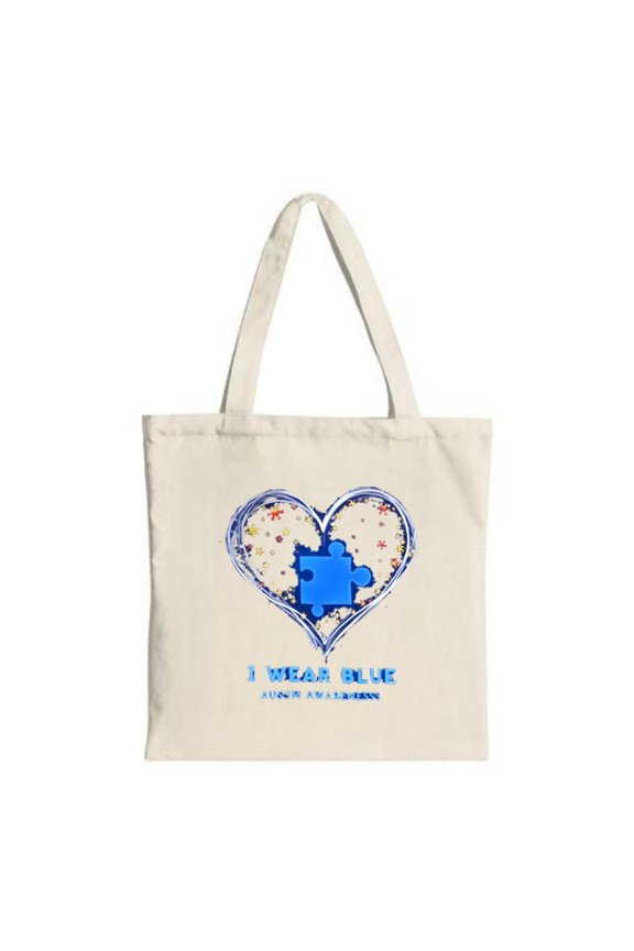 Cream Canvas Tote Bag with Blue Heart Design Puzzle Piece Stars & Text " I WEAR BLUE ANN ' S AWARENESS " - Perfect for Shopping & Travel