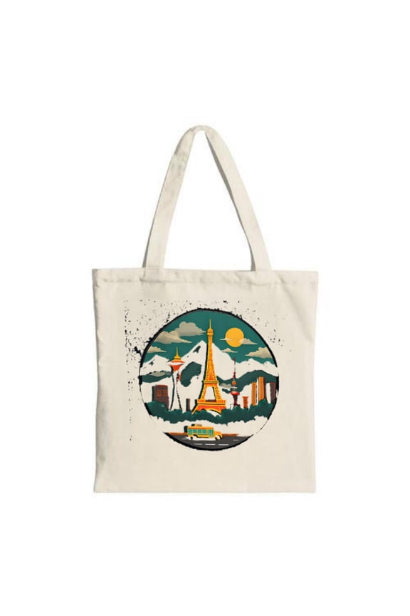 Vibrant City Skyline Tote Bag - Canvas Multifunctional Reusable Shopping Bag with Modern Landmarks & Scenic Sunset Design