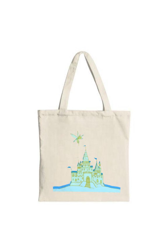 Whimsical Castle Tote Bag - Light Background Blue & Green Fantasy Design with Perfect for Shopping Travel & Parties