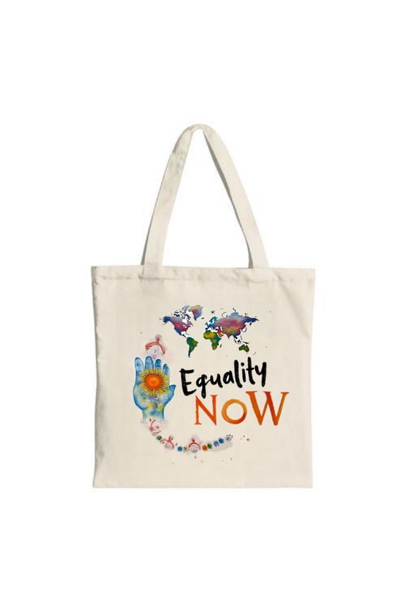 Colorful World Map Tote Bag with Sun Pattern Hand & ' Equality Now ' Text - Stylish Canvas Bag for Shopping Travel & Parties