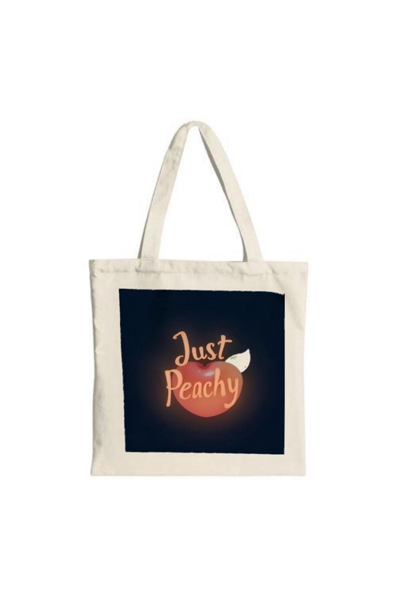 Cream Canvas Tote Bag with Dark Blue Background & Peach Design ' Just Peachy ' in Cursive - Perfect for Shopping & Travel