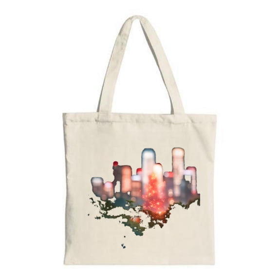 City Skyline Tote Bag - Vibrant Night Design with Illuminated Buildings in Red Blue & White - Perfect for Shopping & Travel