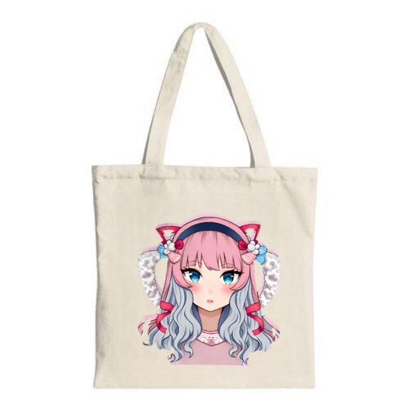 Cute Anime Tote Bag - Blue & Pink Wavy Hair Cat Ear Perfect for Shopping Travel & Parties Stylish Canvas Design