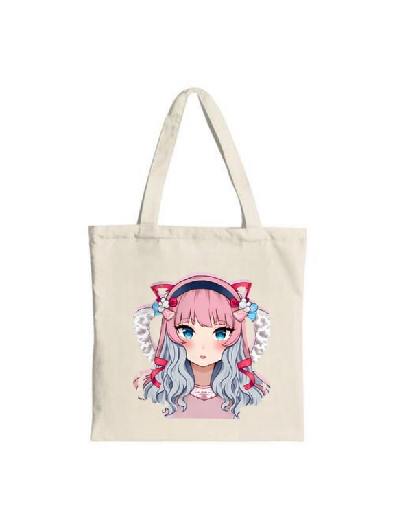 Cute Anime Tote Bag - Blue & Pink Wavy Hair Cat Ear Perfect for Shopping Travel & Parties Stylish Canvas Design