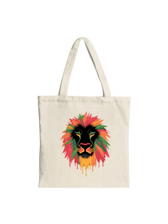 Vibrant Lion ' s Head Tote Bag - Colorful Leaf Black Face Yellow Eyes - Perfect for Shopping Travel & Parties