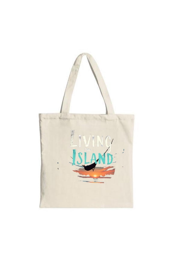 Tote Bag with Boat Silhouette & Sunset Design - " Living the Island " - Stylish Canvas Bag for Shopping Travel & Parties
