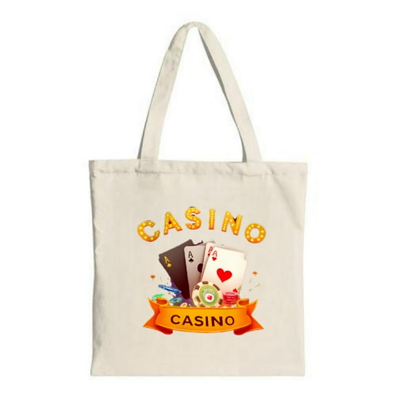 Vibrant Casino- themed Tote Bag: Bold ' CASINO ' Design with Playing Cards Heart & Green Fruit - Perfect for Parties Travel & Shopping