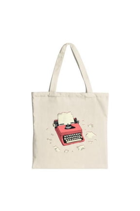 Vintage Cream Tote Bag with Red Typewriter Illustration & Torn Paper Design - Perfect for Shopping Travel & Parties