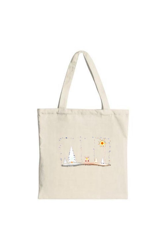 Minimalist Winter Scene Tote Bag - Snowy Landscape Pine Tree House & Sun Dotted Border - Perfect for Shopping Travel & Parties