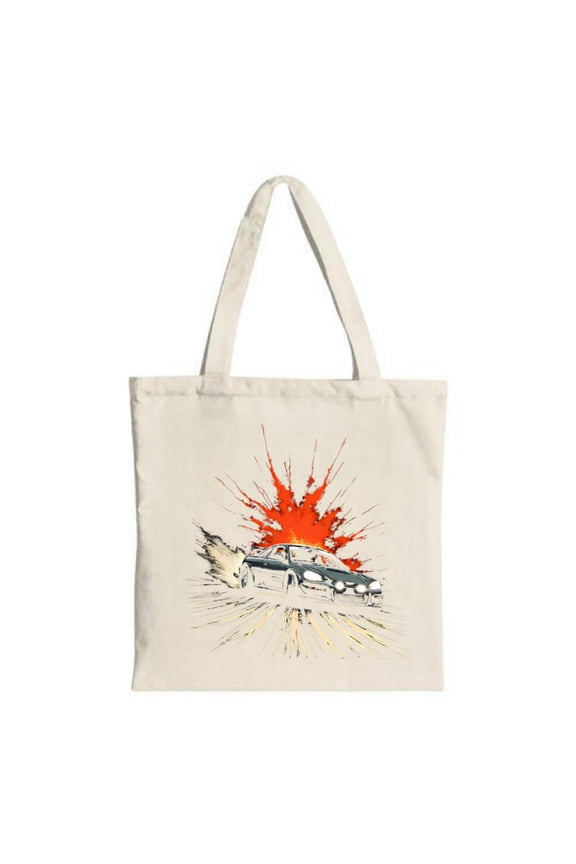 Vibrant Tote Bag with Car Design Metallic Finish Flames & Debris - Perfect for Parties Travel & Shopping