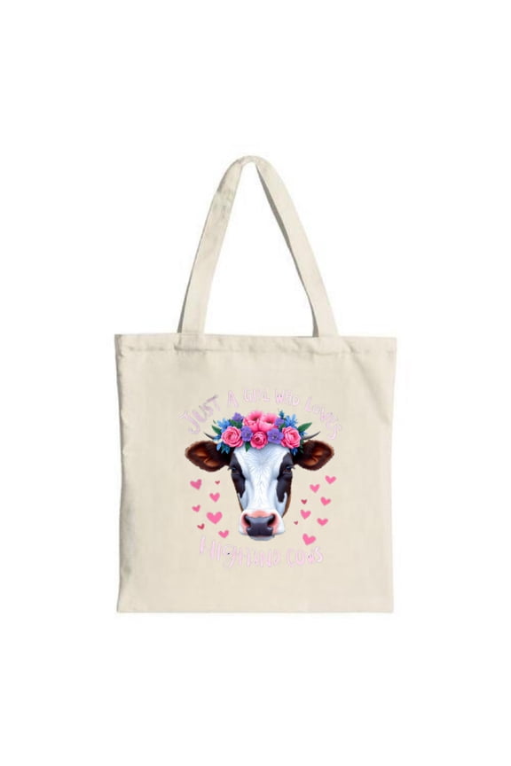 Charming Cream Tote Bag with Floral Cow Illustration Pink Hearts & " TUNE A GOL FARMER " - Perfect for Shopping Travel & Parties