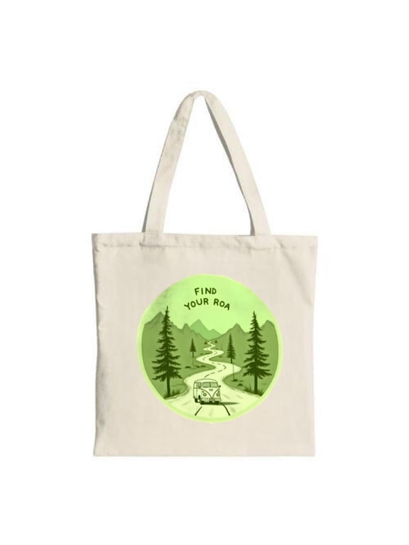 Stylish Canvas Tote Bag with Circular Winding Road Design Van & Pine Trees; Perfect for Travel Shopping & Parties - " FIND YOUR ROA "