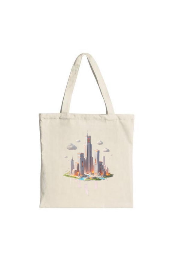 Vibrant City Skyline Tote Bag - Modern Canvas Design with Sleek Buildings Fluffy Clouds & Colorful Boats - Perfect for Shopping & Travel