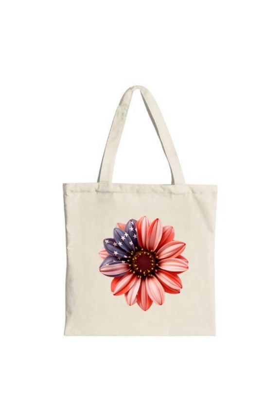 Stylish Cream Tote Bag with American Flag Flower Design Red Petals & Dark Brown Center Perfect for Shopping Travel & Parties