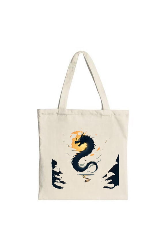 Mystical Black Dragon Tote Bag - Coiled Design with Flames & Glowing Sun Perfect for Shopping Travel & Parties - Reusable Canvas Bag