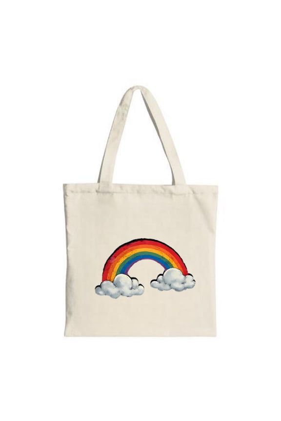 Vibrant Rainbow & Fluffy Clouds Canvas Tote Bag - Multifunctional Reusable Shopping Bag for Parties Travel & Everyday Use