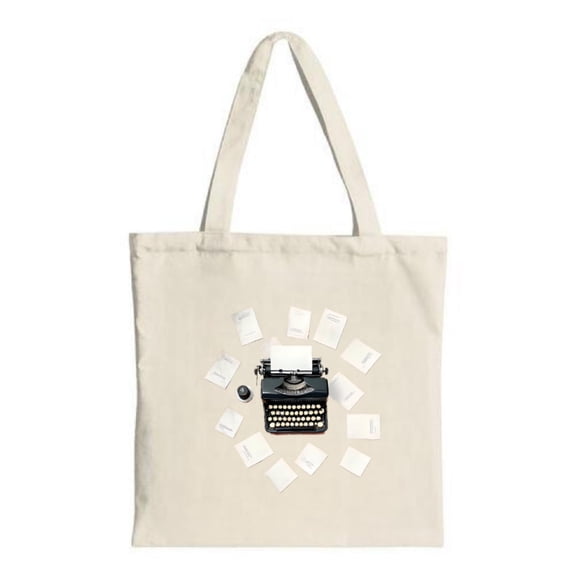 Vintage Typewriter Tote Bag - Cream Canvas Black Typewriter Design with ' write ' Papers Perfect for Shopping Travel & Parties