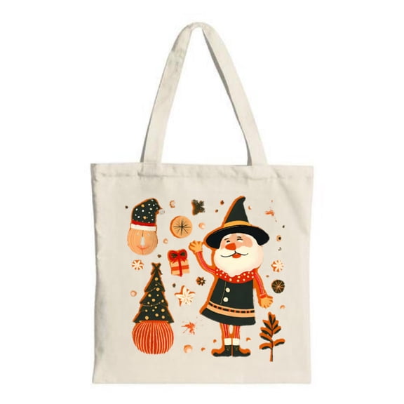 Festive Santa Claus Canvas Tote Bag - Cheerful Design with Candy Christmas Tree - Perfect for Parties & Shopping