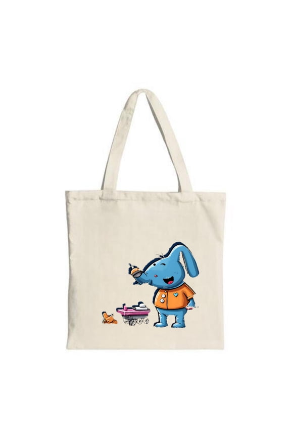 Cheerful Blue Rabbit Tote Bag - Cartoon Design with Orange Outfit & Small Creature on Rolling Cart - Perfect for Shopping & Travel
