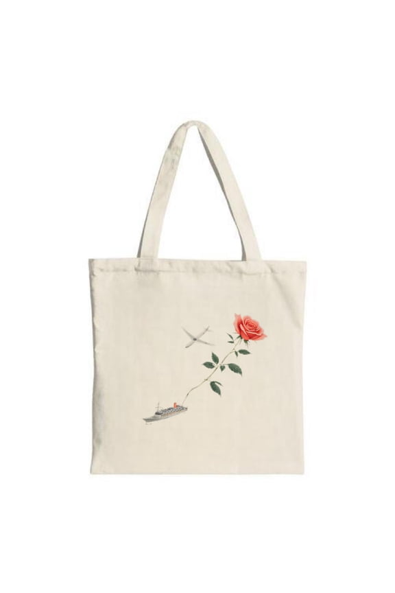 Artistic Cream Tote Bag with Red Rose Green Leaves and Boat Design - Perfect Multifunctional Reusable Bag for Travel and Shopping