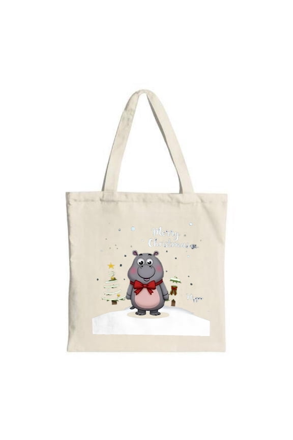 Cute Cartoon Hippo Tote Bag with Christmas Theme - Red Bow Tie Snowy Scene Tree & House - Perfect for Parties Travel & Shopping
