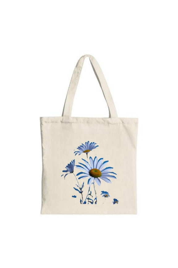 Cream Canvas Tote Bag with Blue & White Floral Design Featuring Daisies & a Bee - Perfect for Shopping Travel & Parties