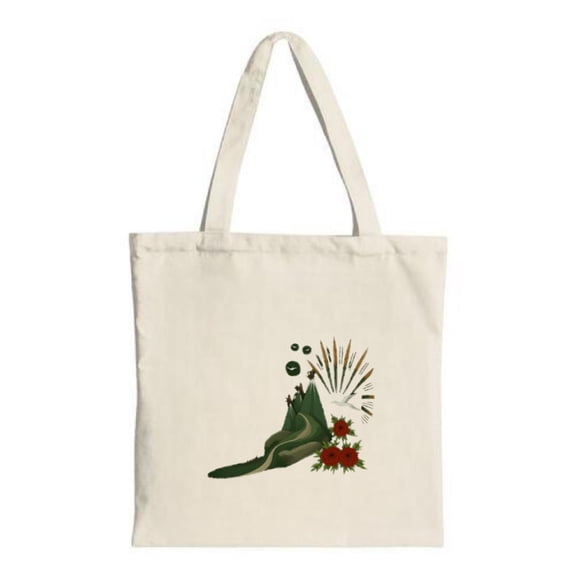 Whimsical Natural Canvas Tote Bag with Green Amphibian and Red Flowers Perfect for Shopping Travel and Parties
