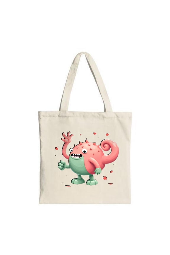 Cute Cartoon Monster Tote Bag - Pink & Green Spiky Hair Design Friendly Wave Surrounded by Red Petal Shapes Perfect for Shopping & Travel