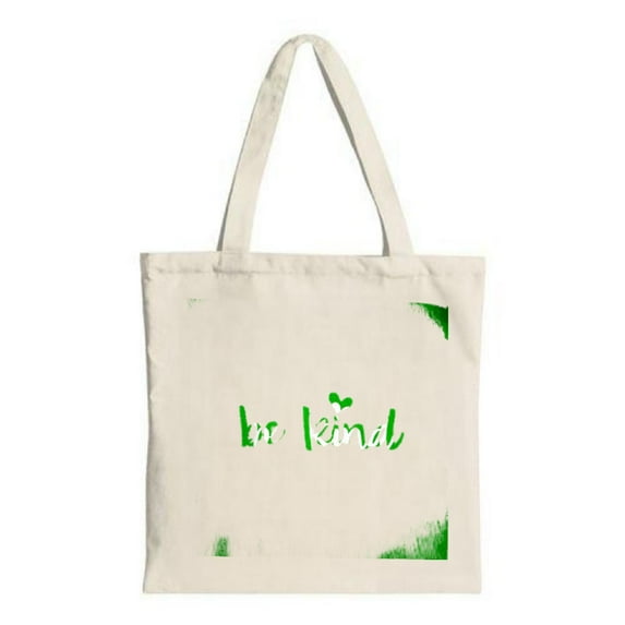 Natural Beige Tote Bag with " Be Kind " in Green Cursive & Heart - Stylish Multifunctional Canvas Bag for Shopping & Travel