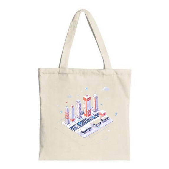 Isometric Cityscape Tote Bag - Vibrant Canvas Bag with Modern Buildings Whimsical Accents Perfect for Shopping Travel & Parties