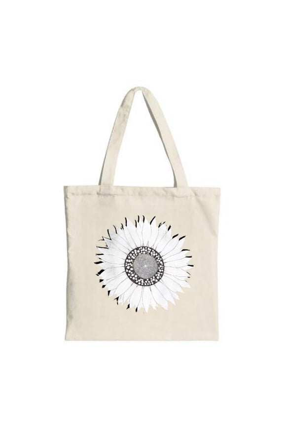 Stylish Canvas Tote Bag with Elegant White Flower Design Intricate Black & White Petals Perfect for Shopping Travel & Parties