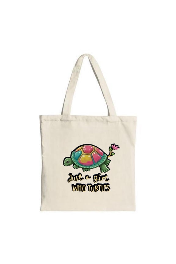Colorful Turtle Tote Bag with Pink Flower - " Just a who turtles " - Stylish Canvas Perfect for Shopping Travel & Parties