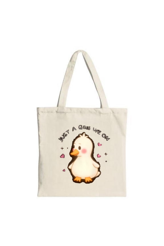 Cute Cartoon Duck Tote Bag - White Background Fluffy Duck with Pink Hearts Perfect for Shopping Travel & Parties