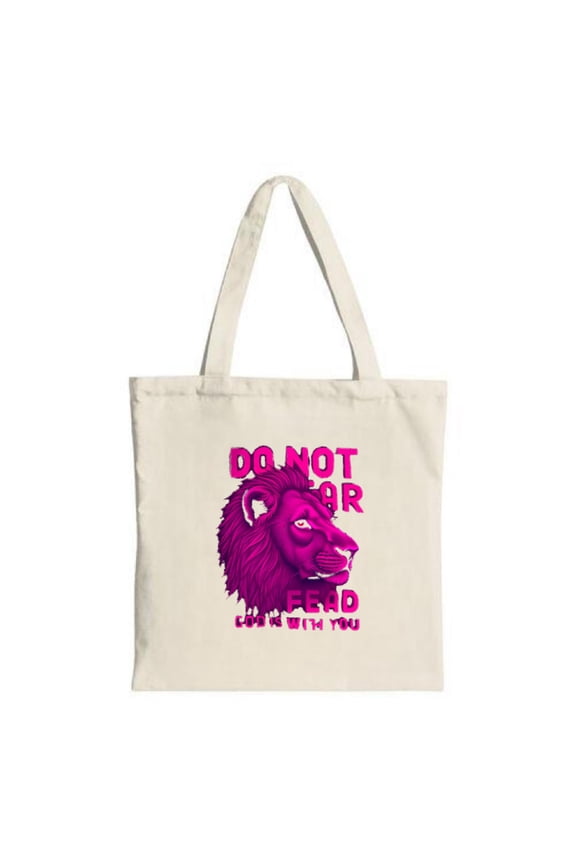 Stylish Canvas Tote Bag with Vibrant Pink & Purple Lion ' s Head Design " DO NOT SAY FAD I AM WITH YOU " - Perfect for Shopping & Travel